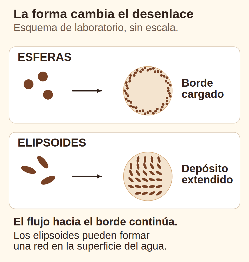 Comparación esquemática del resultado de laboratorio: esferas con depósito anular y elipsoides con depósito extendido por el área.