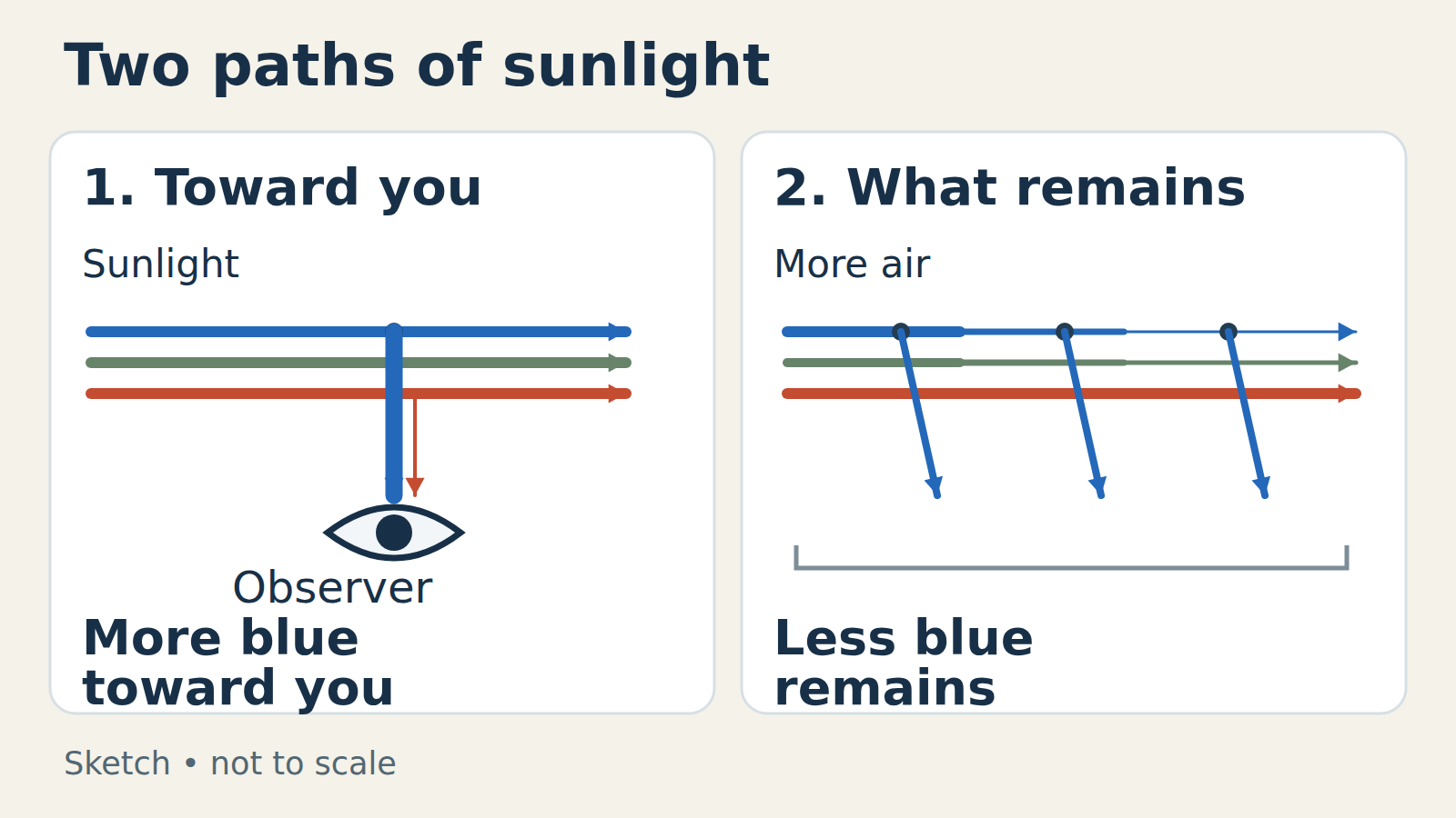 Two schematic samples. Left: incoming sunlight scatters toward an observer, with more blue than red. Right: blue branches leave a longer beam through air, which continues with relatively more red and some blue.